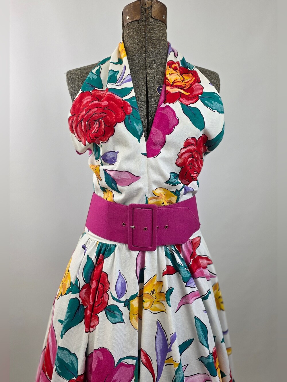 Victor Costa Vintage 80's Women's Belted Floral Cotton Halter Party Sundress 10 - Picture 3 of 10